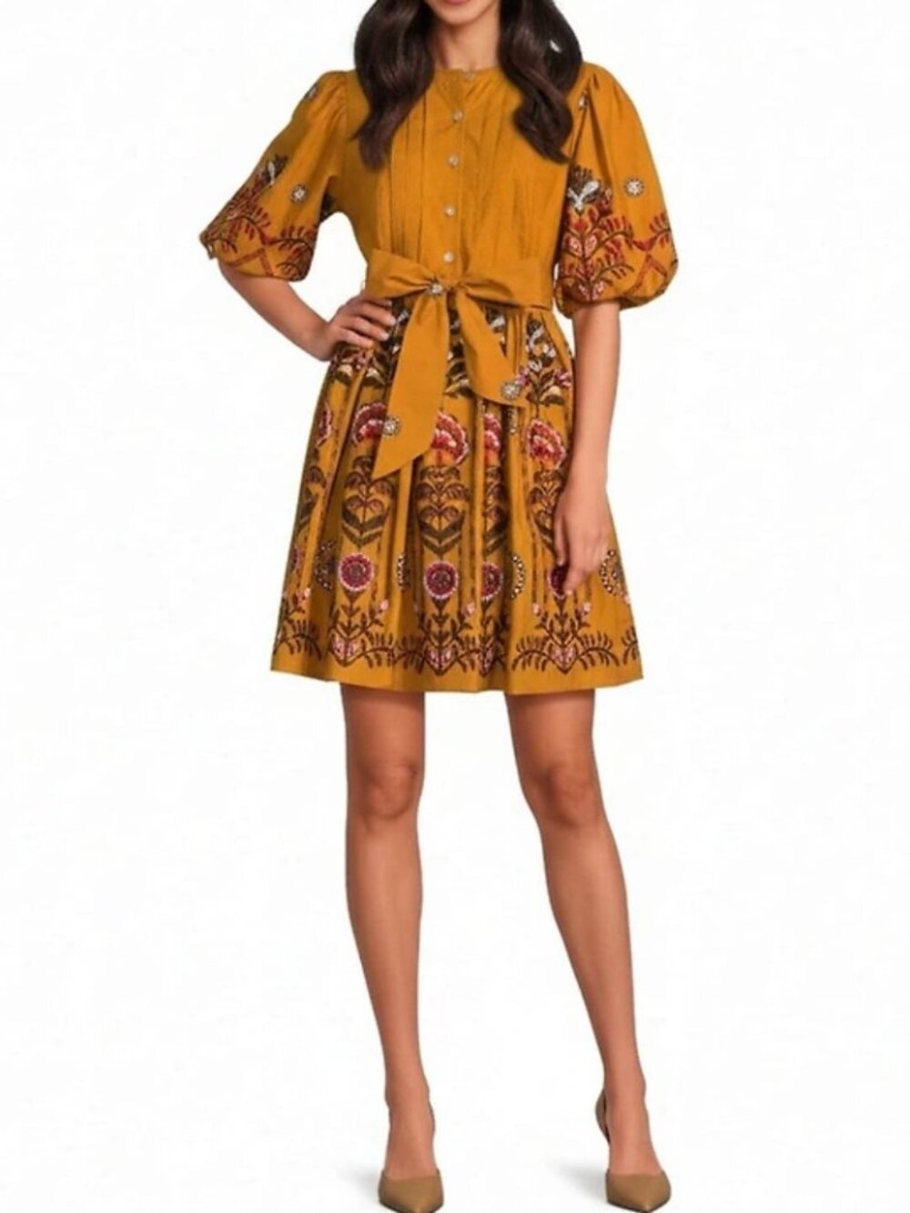 A LOVES A Floral A-Line XL Dress Embroidery Puff Sleeve Fully Lined Tie Belt NWT
